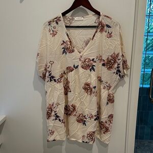 Chic Soul Floral V-Neck Blouse - Cream and Pink